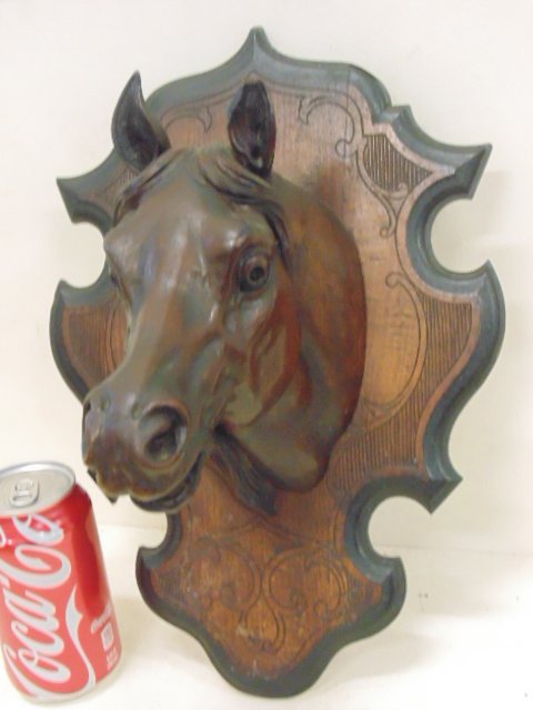 Carved wood horse wall pocket, mounted on shield back, (1 of 5)