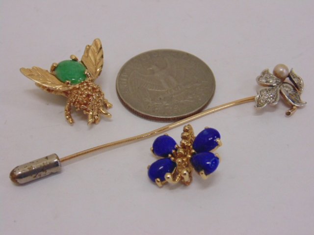 3 piece lot 14L lapis pin, Jade & gold bug pin (1 of 6)