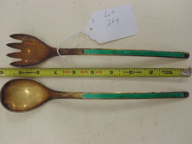 Silver enameled serving spoon & fork, (1 of 5)