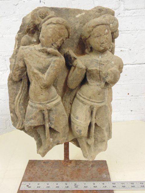 Carved stone temple fragment, 2 dancing figures (1 of 7)
