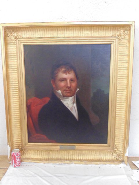 Painting, portrait of Thomas Hale, copied by Charles E: Oil on canvas, portrait of Thomas Hale, a founder and second President 1832-1833, portrait copied by Charles E.Drake, original by Thomas Sully, old restoration label visible on stretcher, 30" by 25",