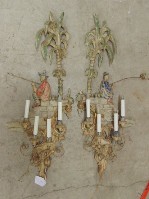 Pair Chinoiserie wall sconces, figures fishing (1 of 6)