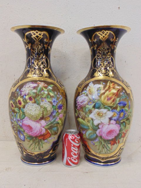 Pair cobalt blue, paint decorated vases with floral (1 of 10)