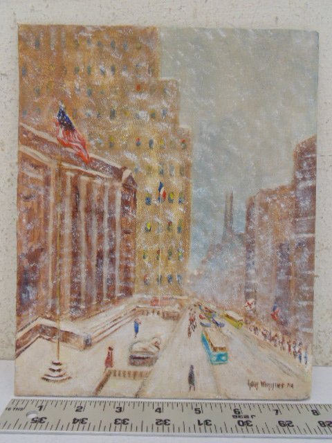 Oil on canvas board, NYC winter street scene, signed (1 of 8)