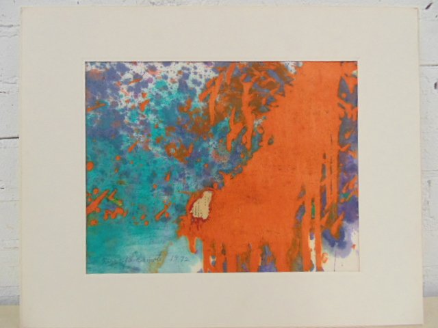 Watercolor on paper, abstract, Taro Yamamoto, 1972: Watercolor on paper, (mixed Media) abstract in red & green, signed Taro Yamamoto, 1972,10.5" by 13.5"