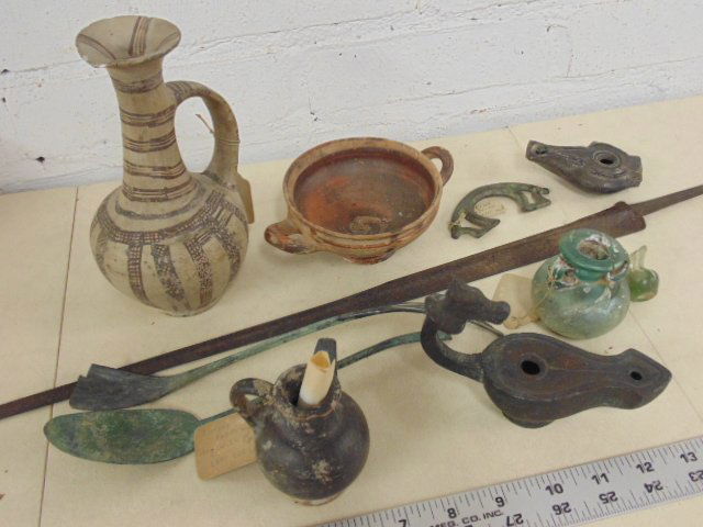Ancient lot with spear, bronze & Roman glass (1 of 9)