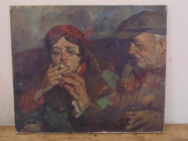 Oil on canvas, man lighting cigarette, signed Joseph (1 of 7)