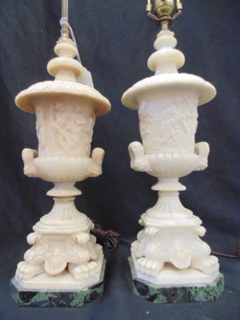 Pair carved alabaster lamps, marble base (1 of 9)