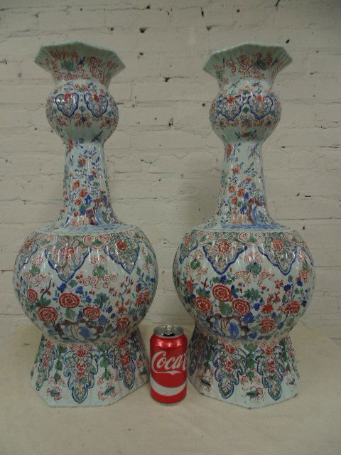 Pair large Dutch Delft vases, colored designs (1 of 10)