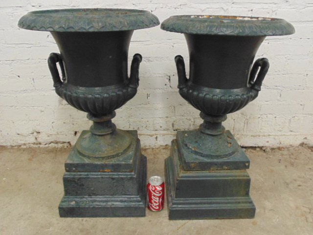 Pair cast iron garden urns on pedestal bases (1 of 7)
