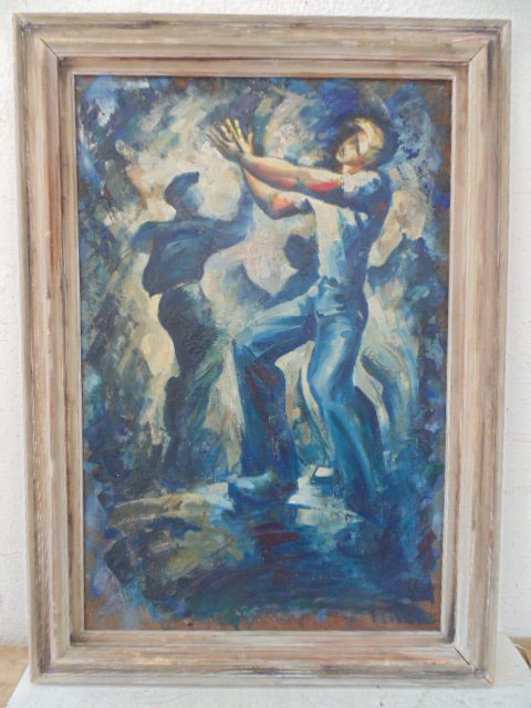 Oil on masonite, sailors (miners?), vintage WPA: Oil on masonite, sailors (miners?), vintage WPA, 41" by 31", signed ill. lower right, good condition, old partial label on reverse
