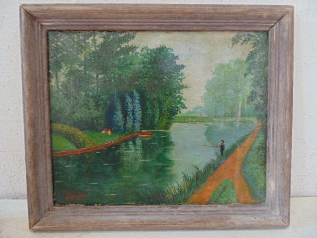 Painting, folk scene with figure fishing, signed Camile: Oil on canvas, park scene in folk style with figure fishing, signed Camile Bombois, 9.5" by 11.75", canvas shows wear, needs cleaning