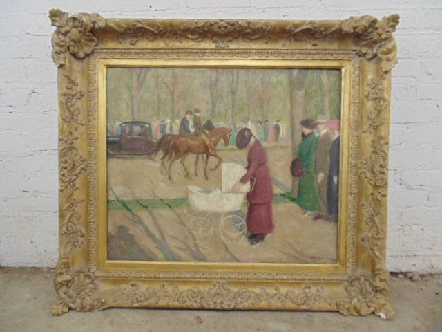 Oil on canvas, lady with stroller, signed Walter K... (1 of 7)