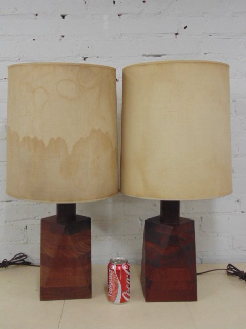 Pair geometric shaped mid Century wood table lamps, (1 of 5)
