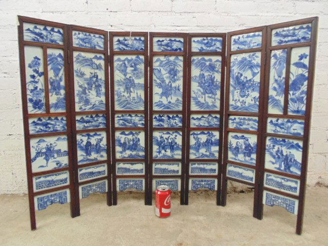 7 panel blue & white tile Chinese Canton table screen (1 of 10)