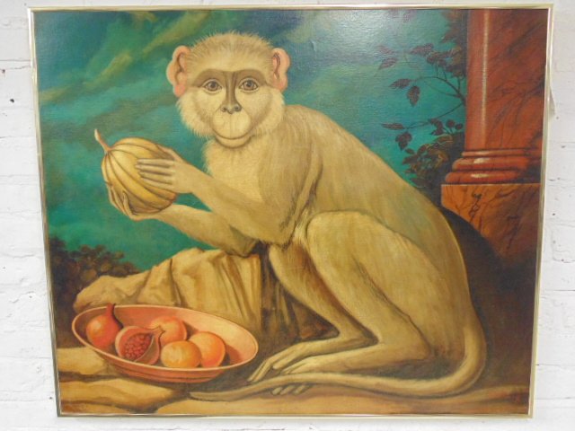 Painting, monkey with fruit, signed Skilling, 30" by (1 of 7)