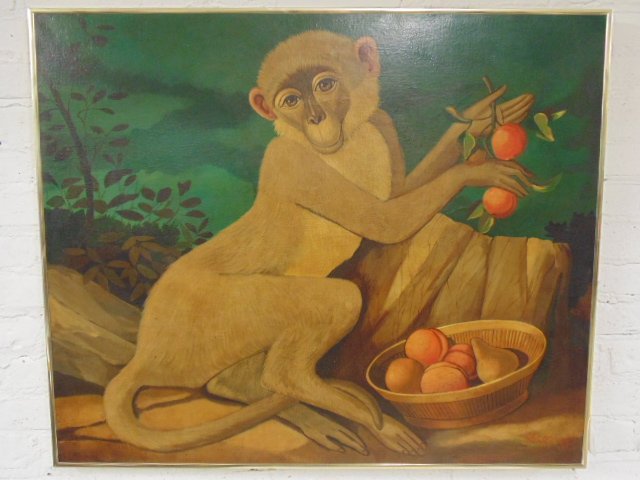 Oil on canvas, monkey with fruit, signed Skilling (1 of 7)