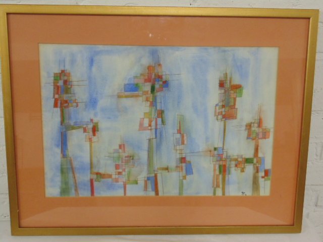 Watercolor, abstract, signed A.P. (Achille Perilli): Watercolor, abstract subject, signed A.P. (Achille Perilli), some staining in center, 13 1/8" by 20". Please refer to the images for general condition issues, all items sold in as is, as found conditi