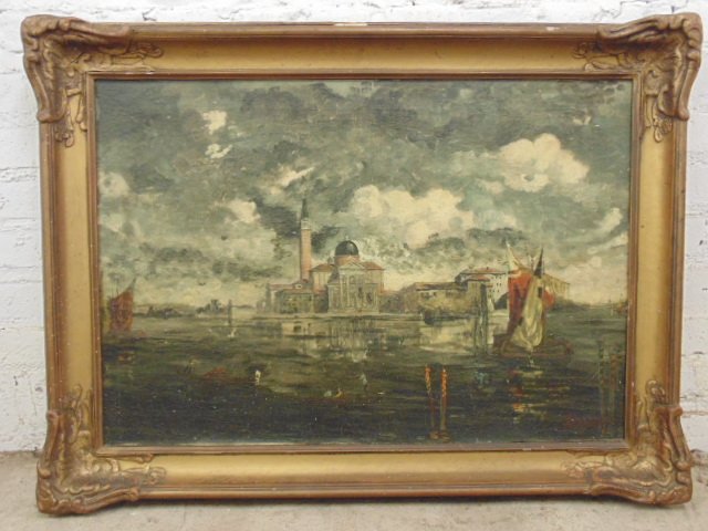 Painting, Venice, signed J.D. Felix (Felia ??): Oil on canvas, Venice from the water, signed J.D. Felix (Felia ??), 20" by 30". Please refer to the images for general condition issues, all items sold in as is, as found condition.