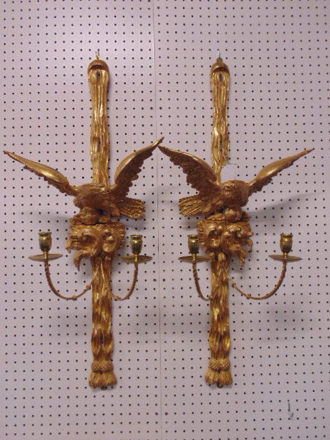 Pair gilt wood wall sconces with carved eagles (1 of 9)