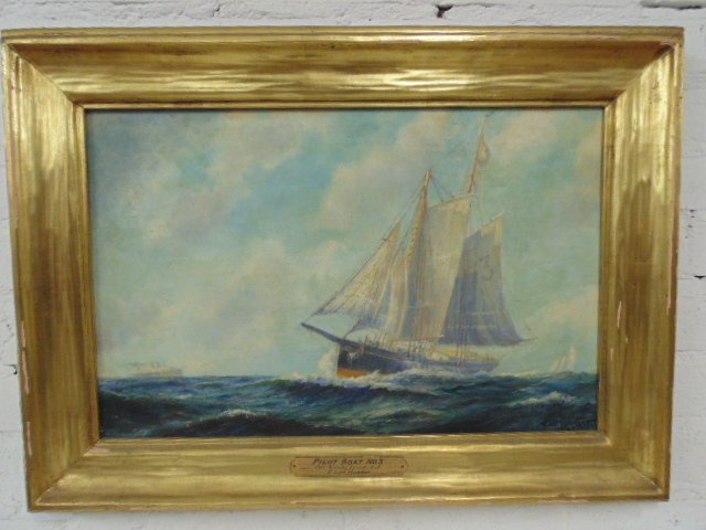 Painting, "Pilot Boat, Sandy Hook, NJ" Frederick Leo: Oil on canvas, "Pilot Boat No. 3, off Sandy Hook, New Jersey", signed Frederick Leo Hunter, 13 1/8" by 20 1/8", in Newcomb-Macklin Co. frame. Please refer to the images for general condition issues, a