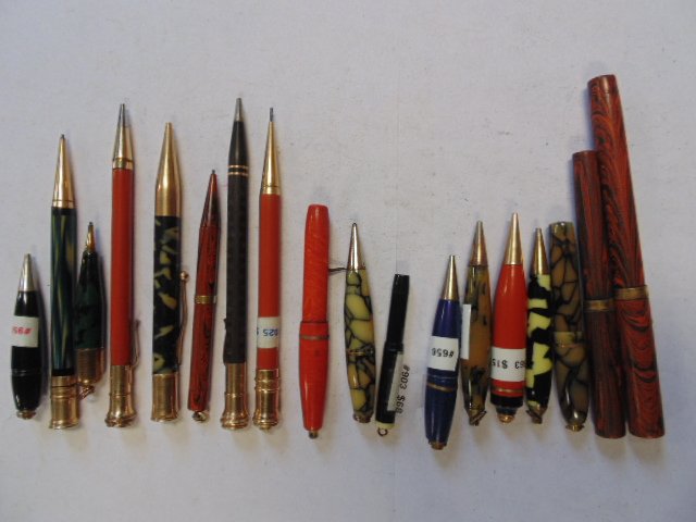 Lot of 18 pencils & several fountain pens, Waterman's,: Lot of 18 diminutive sized mechanical pencils & several fountain pens including Waterman's, Univer, & more, with gold filled detail, these pens came from a massive single collection and are in as foun