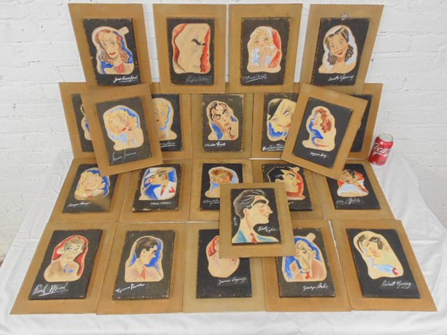 Set of 22 paintings, portraits of Hollywood actors,: Set of 22 paintings, portraits of Hollywood actors, signed "Nell", mounted on masonite, 9" by 6" each (not including masonite)
