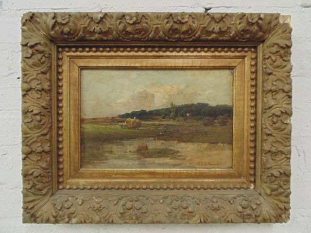 oil on board, landscape, Charles Edwin Lewis Green: Oil on board, hay cart in landscape, signed Charles Edwin Lewis Green, 8" by 12", in carved frame, original condition