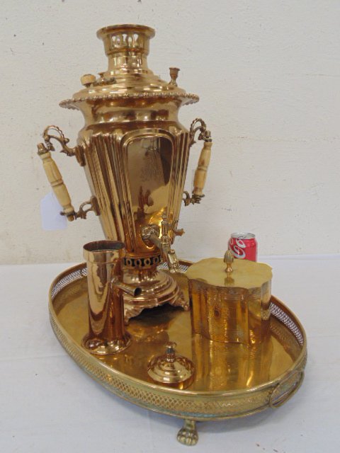 Brass Russian samovar on tray (1 of 8)