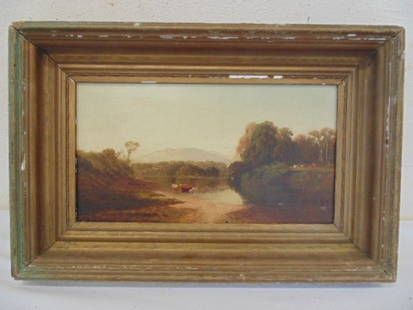 oil on canvas, signed Aaron Draper Shattuck: oil on canvas, Landscape with Cows, signed Aaron Draper Shattuck, 10" by 18", old patch repair, selling this as is, as found.