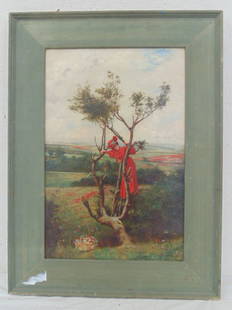 Oil on canvas, lady in red in tree, Charles Spencelayh: Oil on canvas, lady in red in tree, signed Charles Spencelayh, 18" by 12"