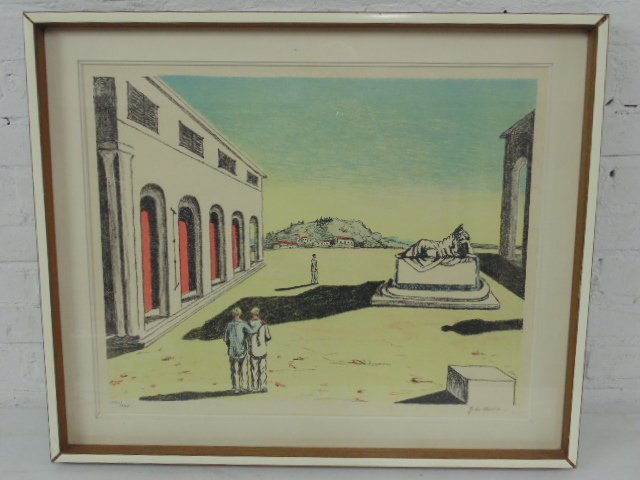 Lithograph, figures in Plaza, Giorgio de Chirico (1 of 7)