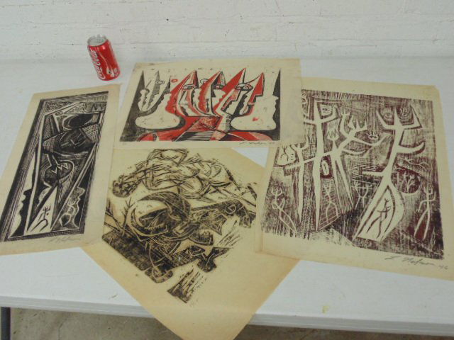 Lot of 4 woodblock prints all signed Leonard Nelson (1 of 10)