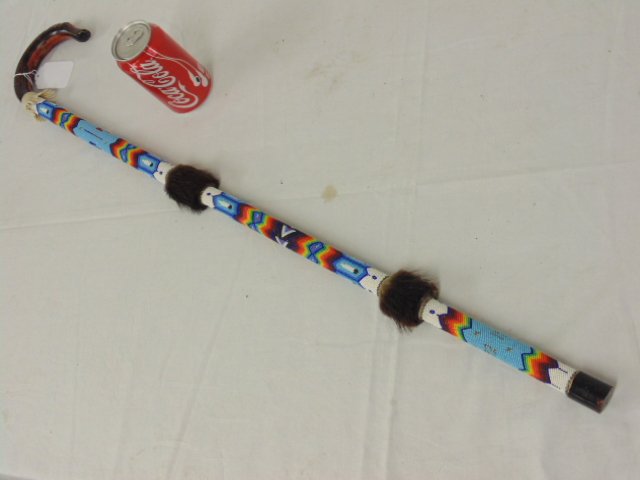American Indian beaded cane with fur, length is 36" (1 of 10)