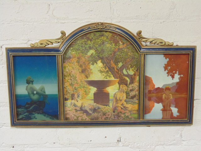 Maxfield Parrish triptych: Maxfield Parrish triptych, "Stars", "Golden Reveries" & "Evening", total size, width is 24.25", height is 13.5"