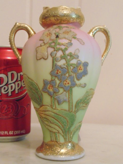 Coralene porcelain vase; gilt and floral decoration: Coralene porcelain vase; gilt and floral decoration; Nippon; 6 1/2" tall; in good condition