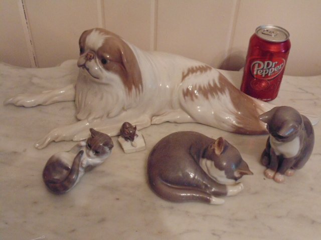 5 Danish porcelain animal figurines, cats,  dog, mouse (1 of 9)