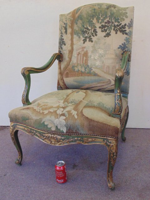 Needlepoint arm chair, painted frame: Aubusson upholstered 19th century arm chair, painted frame, width is 27", depth is 25", height is 42.5"