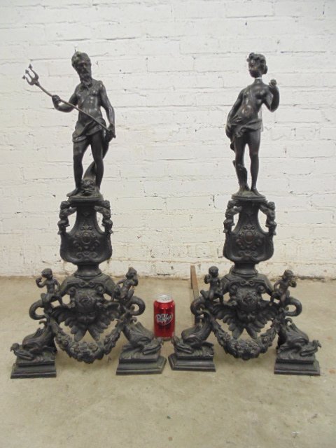 Pair neoclassical figural bronze andirons: Pair neoclassical figural bronze andirons Neptune, height 30.5" tall, 22.5" deep, dolphin bases