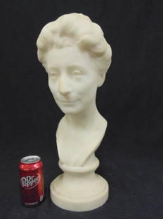 Marble bust Laura C. Bacon, by Evelyn B. Longman: Carved marble bust of a lady, height is 20", "a portrait of Laura Calvert Bacon made as a souvenir for Henry Bacon in the year 1909, by Evelyn Beatrice Longman