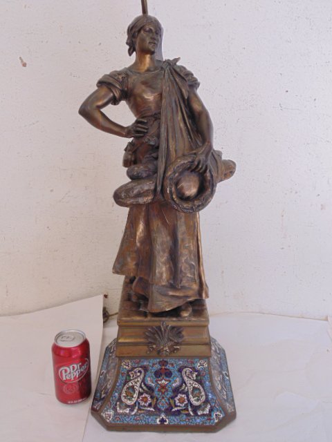 French bronze figural lamp, Thiebaut Freres foundry.: French bronze figural lamp, on cloisonne base, maiden, patina worn, foundry mark Thiebaut Freres, unsigned, height is 25.75" (base to top head)