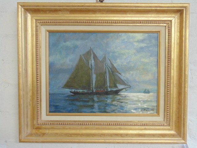 Painting, "Moonlight" Rockport Mass., Arnold Knauth: Oil on masonite, "Moonlight" Rockport Mass., signed Arnold Knauth, with North Shore Art association label, 9" by 12"