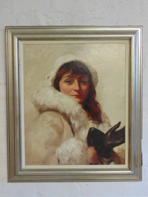 Painting, portrait of a lady, signed David Hatfield: Oil on masonite, portrait of a lady in fur coat & gloves, signed David Hatfield, 1975, 24" by 20"