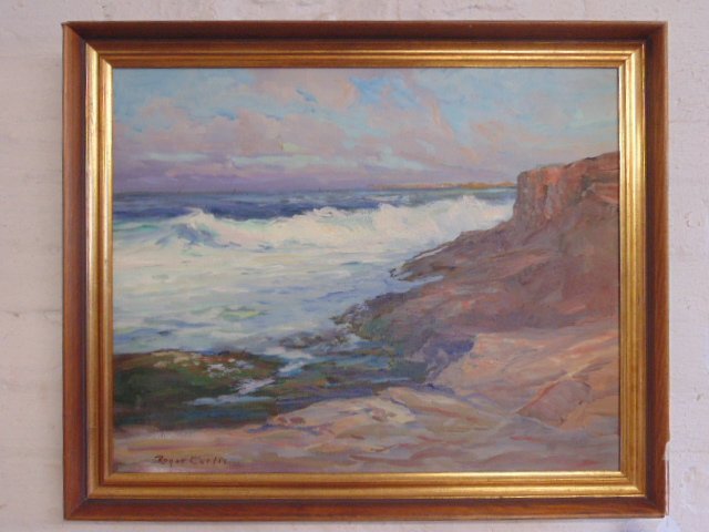 Painting, "Late Afternoon", signed Roger W. Curtis: Oil on canvas, "Late Afternoon" (seascape), signed Roger W. Curtis, 16" by 20"