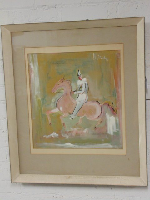 Pastel, clown on horseback, circus, W. Philips: Pastel, watercolor, clown on horseback, circus scene, signed W. Philips (?), 16.75" by 16", "Far Gallery" label on reverse, in good condition