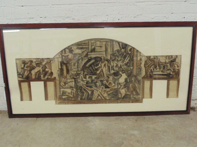 Drawing, "The Builders, mural study", by James: Black & sephia drawing, "The Builders, a mural study", by James Daugherty, estate stamp on reverse, 19" by 45"