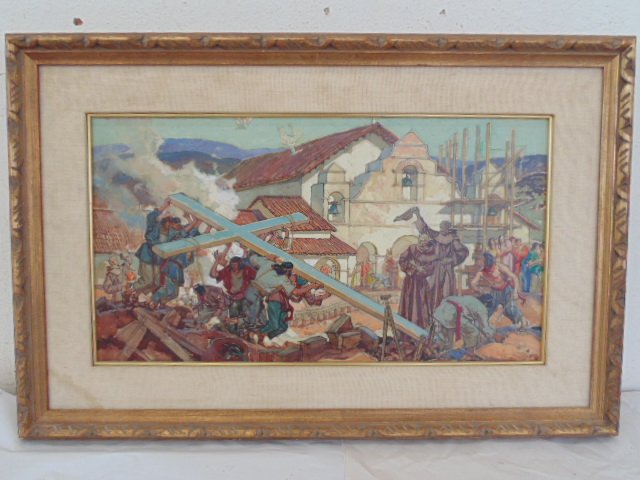 Hand colored print, mission scene, Dean Cornwell: Hand colored print, mission scene with Indians building a church, signed Dean Cornwell, 1944, 14" by 26"