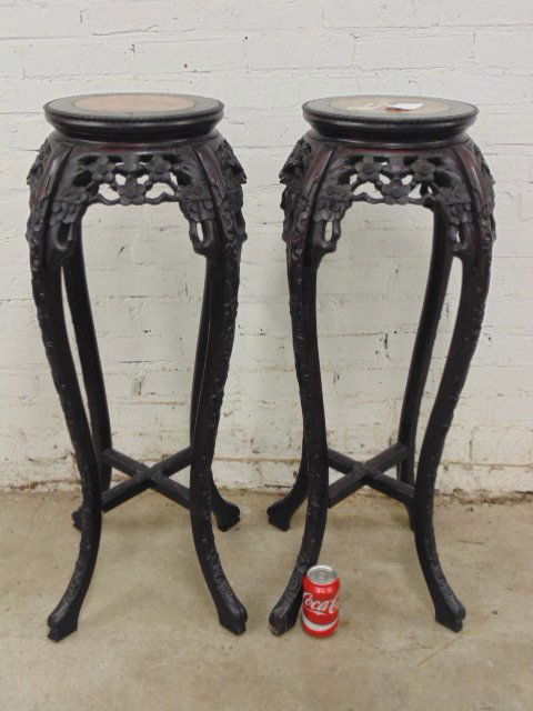 Pair Chinese marble top carved wooden plant stands (1 of 4)