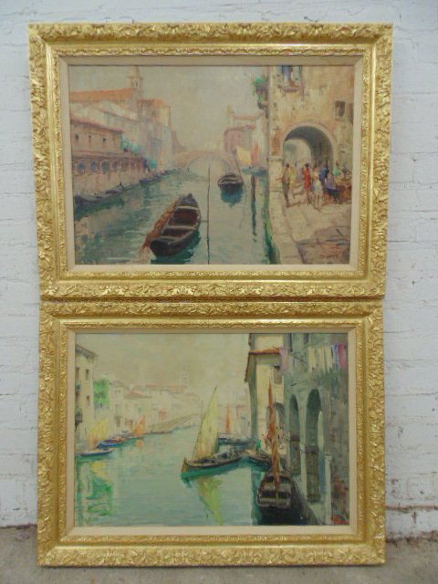 Pair oils, Venetian scenes, signed ill. (1 of 8)