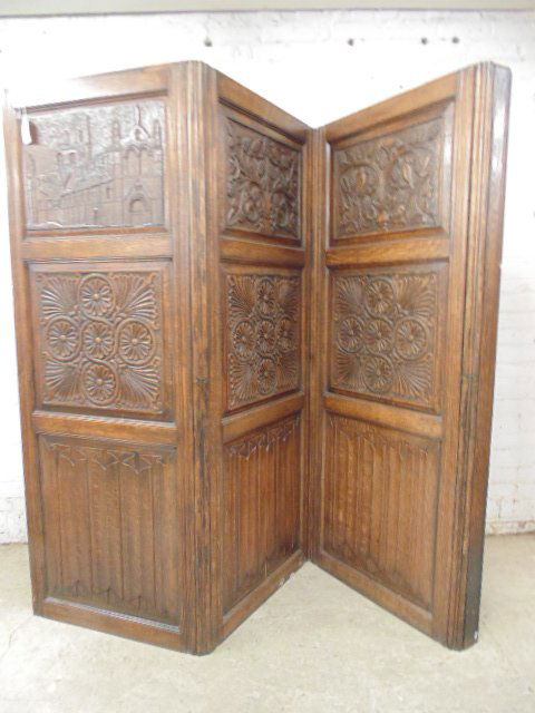 Carved English oak 3 panel screen (1 of 8)